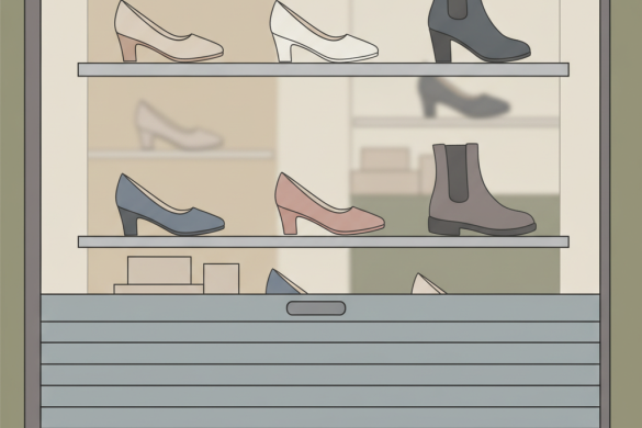 Vitrine de magasin de chaussures avec rideau metallique a moitie baisse evoquant des difficultes financieres