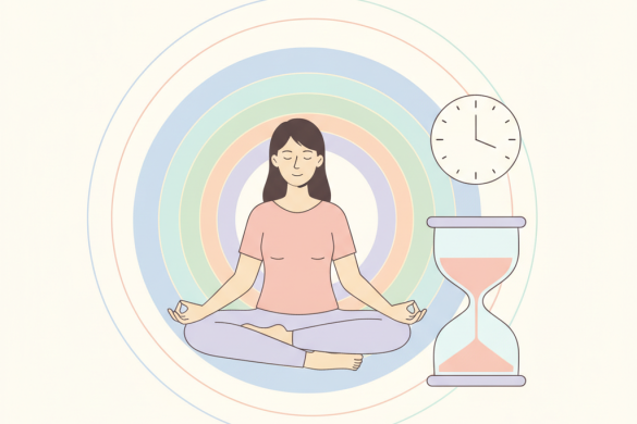 Illustration d'une personne en meditation avec horloge et sablier symbolisant une seance de 12 minutes