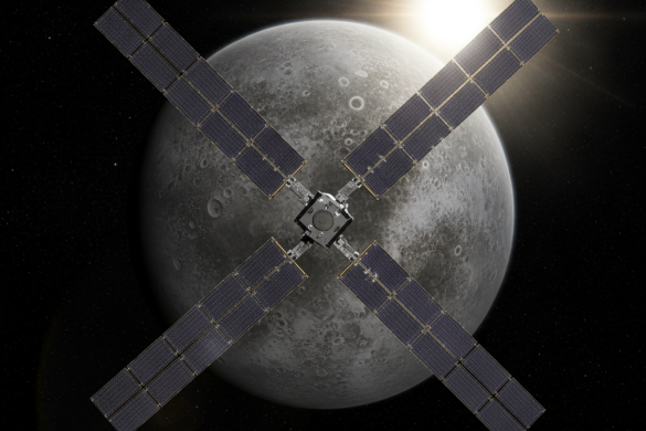 Sonde spatiale aux grands panneaux solaires devant la planète Mercure éclairée par le Soleil