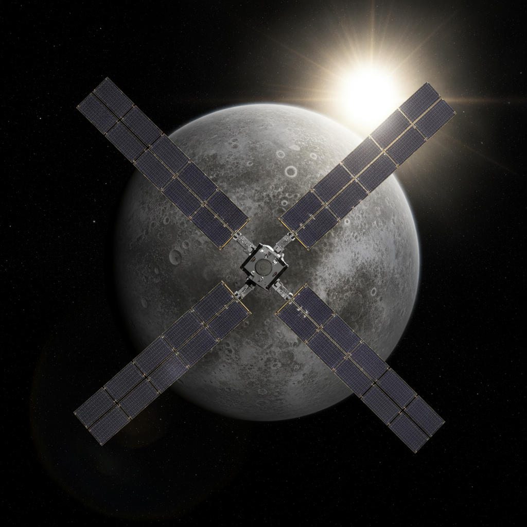 Sonde spatiale aux grands panneaux solaires devant la planète Mercure éclairée par le Soleil