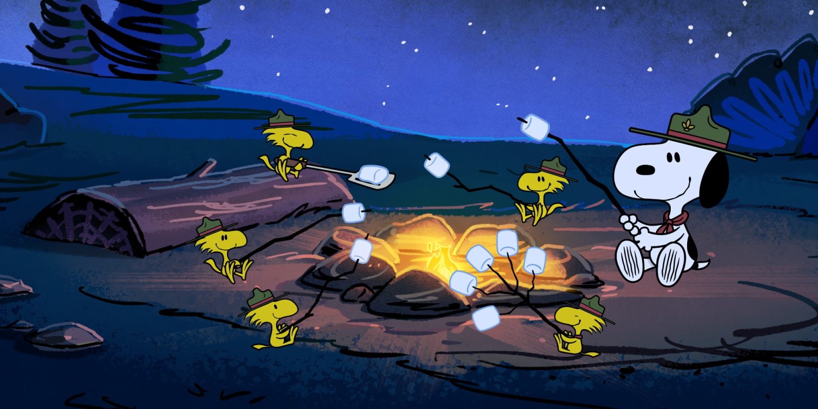 Snoopy et Woodstock font griller des marshmallows autour d'un feu de camp dans Camp Snoopy