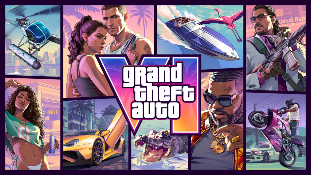 Affiche officielle de GTA 6 avec Lucia et Jason dans Vice City