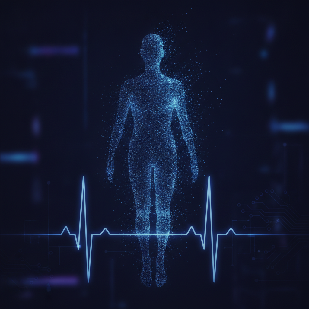 Silhouette humaine composée de données numériques au-dessus d'un électrocardiogramme