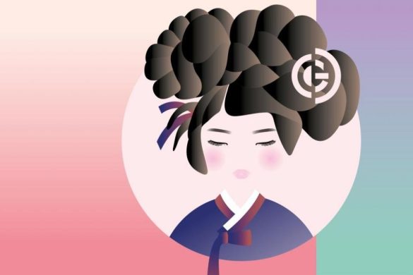 Visuel de l'exposition K-Beauty au musée Guimet : illustration d'une femme coréenne en hanbq avec coiffure traditionnelle