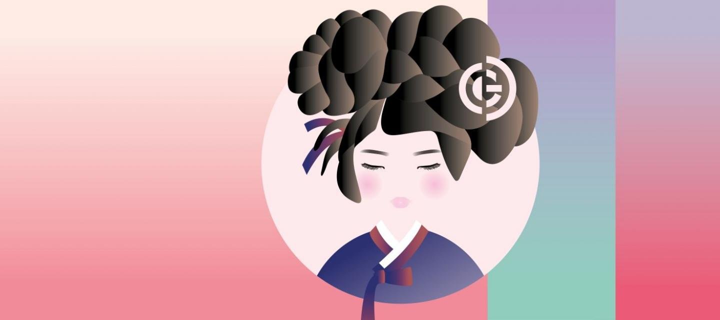 Visuel de l'exposition K-Beauty au musée Guimet : illustration d'une femme coréenne en hanbq avec coiffure traditionnelle