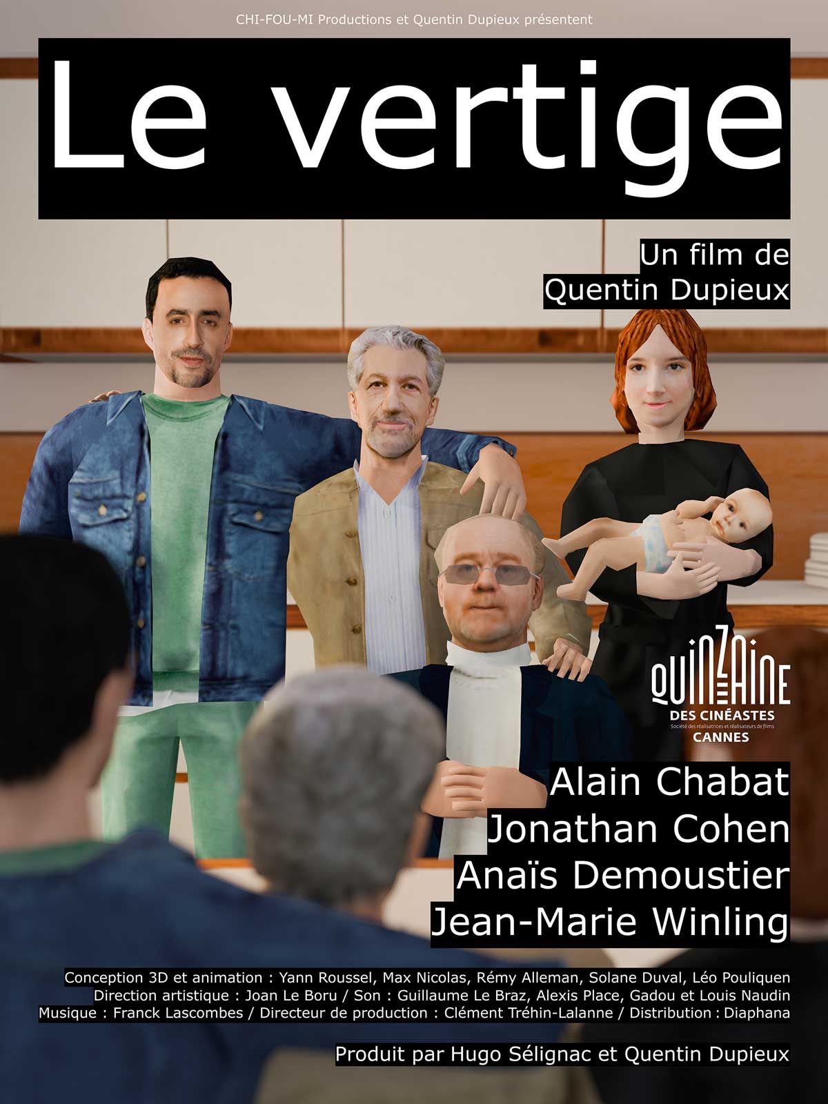 Affiche du film Le Vertige de Quentin Dupieux, animation 3D au style PlayStation, avec Alain Chabat, Jonathan Cohen et Anais Demoustier