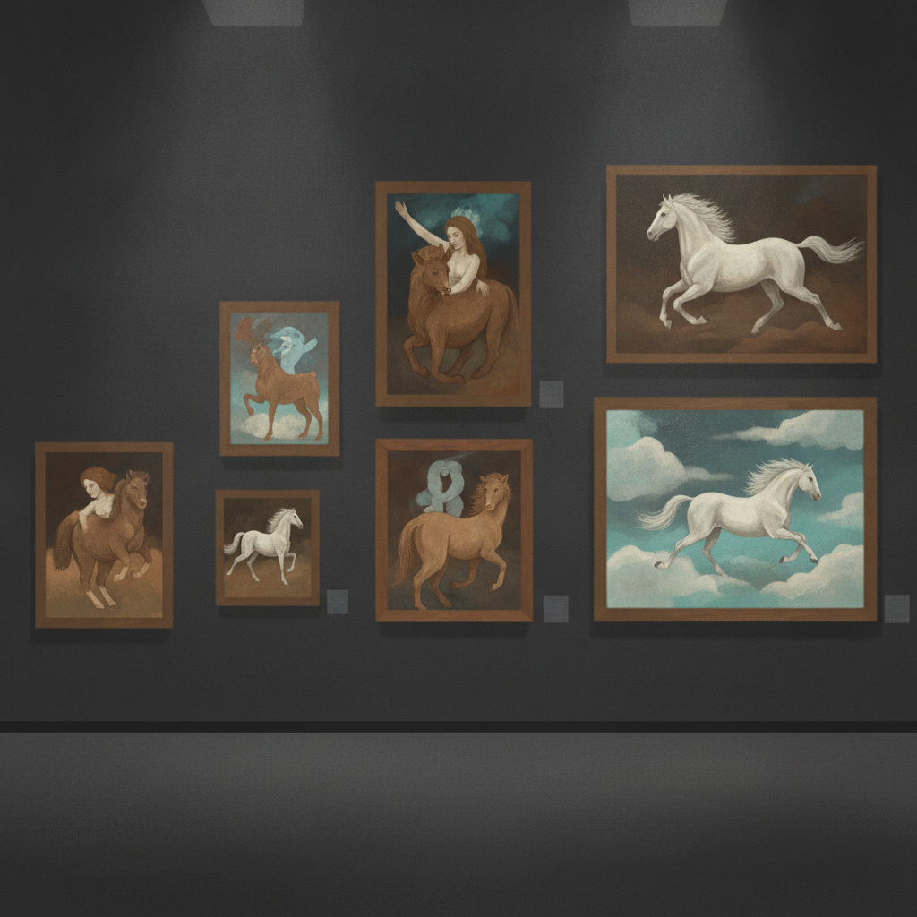 Accrochage de tableaux surréalistes oniriques sur le mur sombre d'une salle de musée
