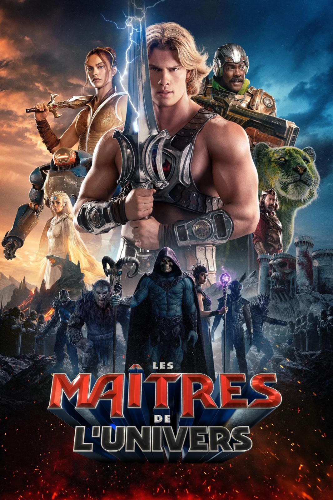 Affiche francaise du film Les Maitres de l'Univers 2026 avec He-Man epee levee, Skeletor et le casting devant le chateau de Grayskull
