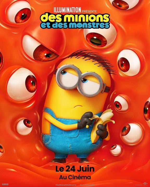Affiche du film Des Minions et des monstres : un Minion mangeant une banane entouré de gros yeux de monstres rouges