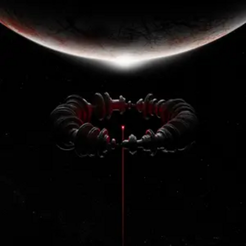 Pochette de l'album The Wow! Signal de Muse : un croissant de planète sombre surplombant une structure cosmique rouge et noire
