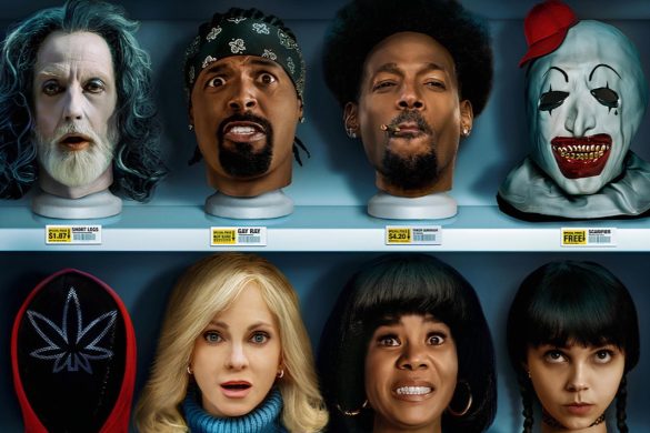Affiche officielle française de Scary Movie 2026 avec des têtes de personnages d'horreur alignées sur des étagères de supermarché