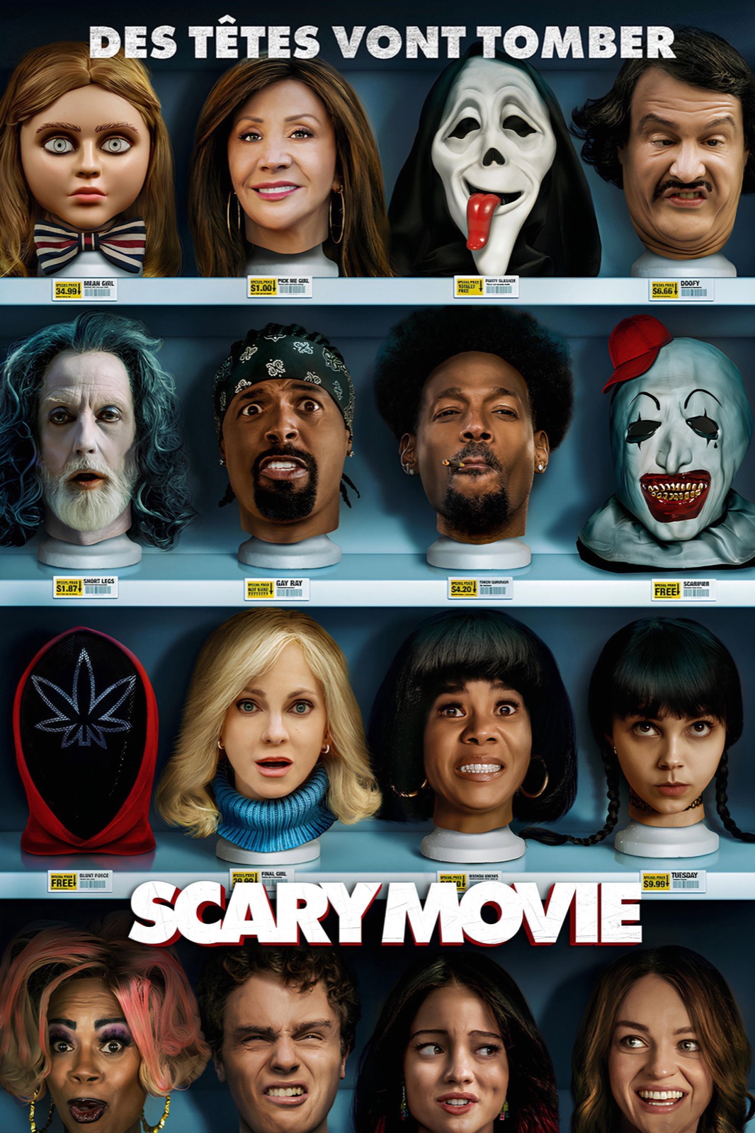 Affiche officielle française de Scary Movie 2026 avec des têtes de personnages d'horreur alignées sur des étagères de supermarché