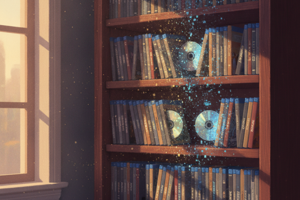 Une étagère de films en Blu-ray dont quelques disques se dissolvent en particules de lumière