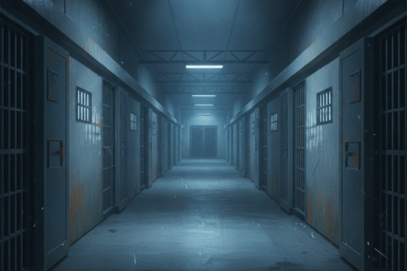 Couloir de prison sombre baigné d'une lumière froide