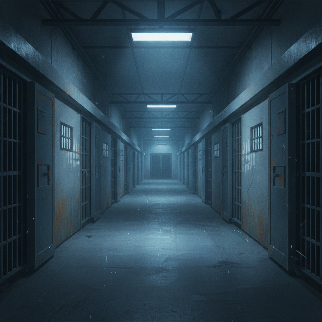 Couloir de prison sombre baigné d'une lumière froide