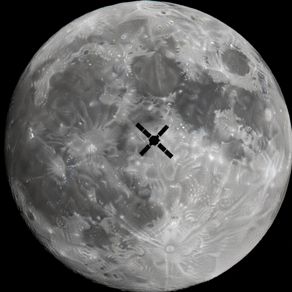 La silhouette en T d'une station spatiale en transit devant la pleine Lune cratérisée