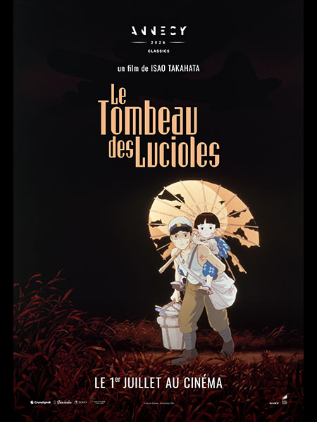 Affiche officielle de la ressortie du Tombeau des lucioles d'Isao Takahata, deux enfants sous une ombrelle, au cinéma le 1er juillet 2026