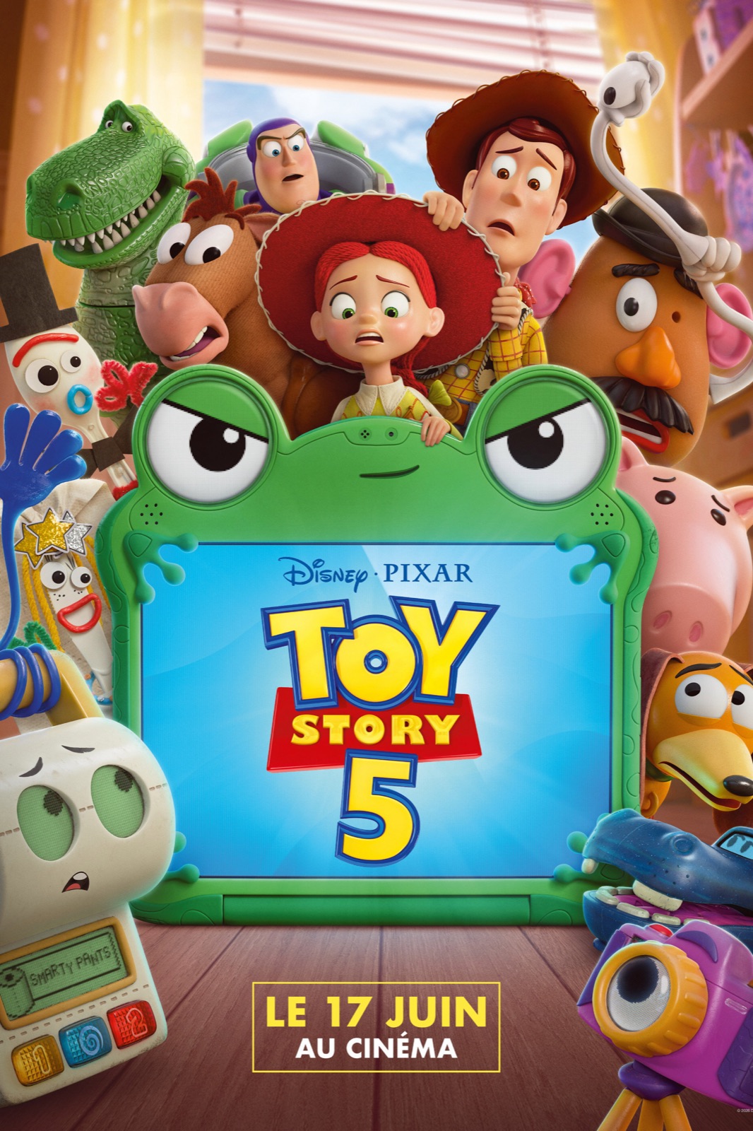 Affiche officielle de Toy Story 5 avec Woody, Jessie, Buzz et la tablette Lilypad