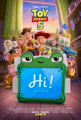 Affiche officielle de Toy Story 5 : Woody, Buzz, Jessie et toute la bande face a Lilypad, la tablette en forme de grenouille