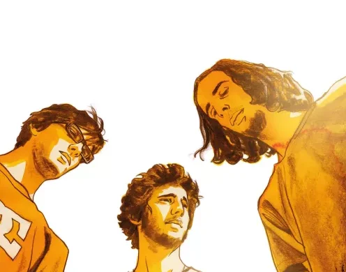 Couverture de la bande dessinée Les Adieux ne durent jamais de Jim et Laurent Bonneau, éditions Grand Angle, trois jeunes hommes dans une lumière orangée estivale