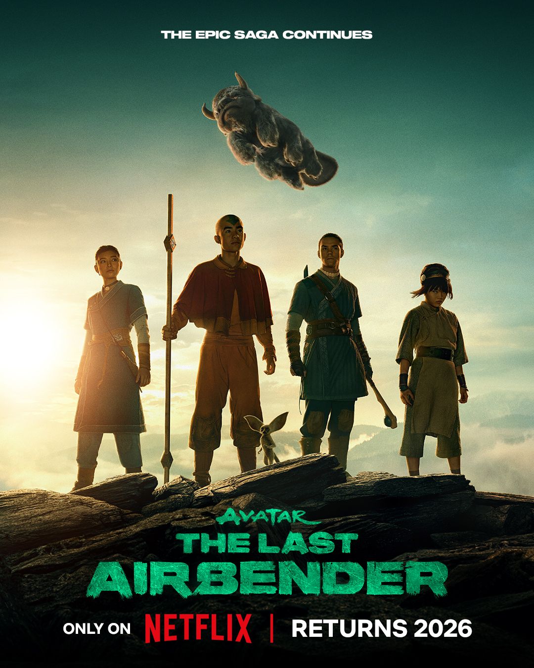 Affiche officielle de la saison 2 d'Avatar : le dernier maitre de l'air sur Netflix, avec Aang, Katara, Sokka, Toph et Appa