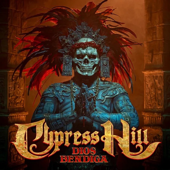 Pochette de l'album Dios Bendiga de Cypress Hill, figure aztèque à tête de mort