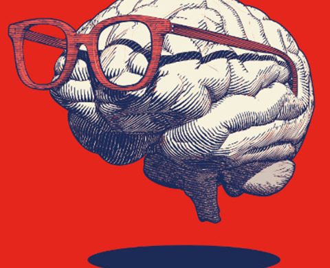Visuel de l'exposition Esprit critique : un cerveau dessine portant des lunettes sur fond rouge