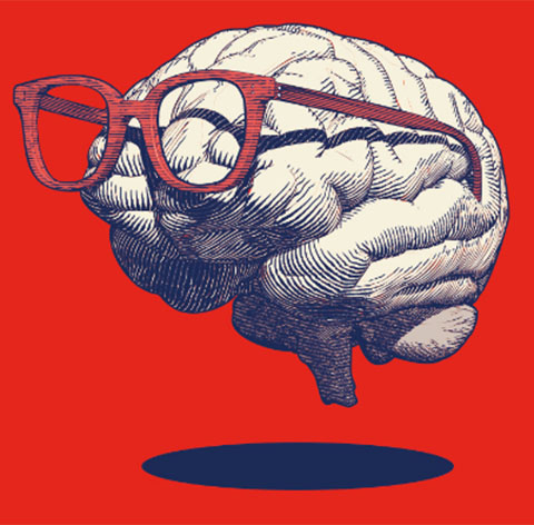Visuel de l'exposition Esprit critique : un cerveau dessine portant des lunettes sur fond rouge