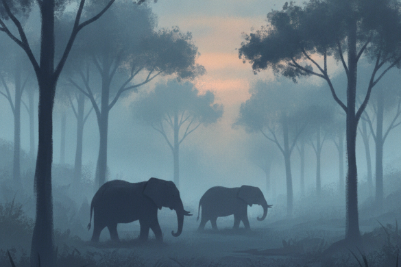 Silhouettes d'éléphants d'Afrique dans une forêt brumeuse au crépuscule, illustration d'ambiance pour le documentaire Ghost Elephants de Werner Herzog