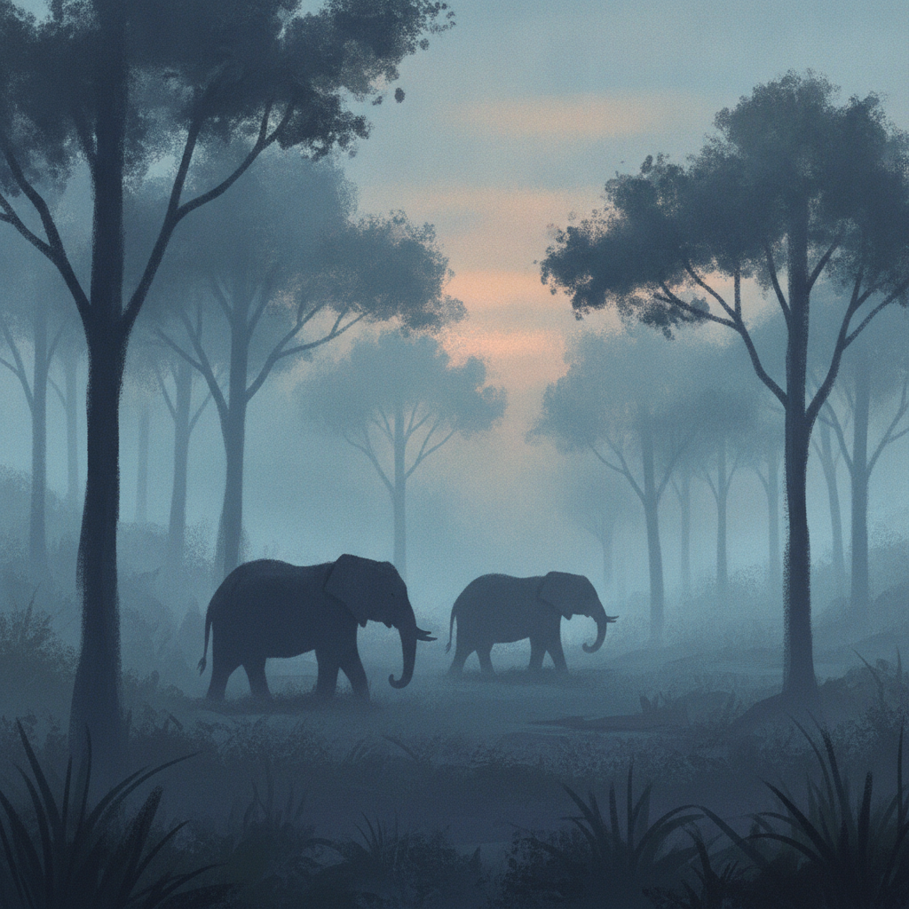 Silhouettes d'éléphants d'Afrique dans une forêt brumeuse au crépuscule, illustration d'ambiance pour le documentaire Ghost Elephants de Werner Herzog