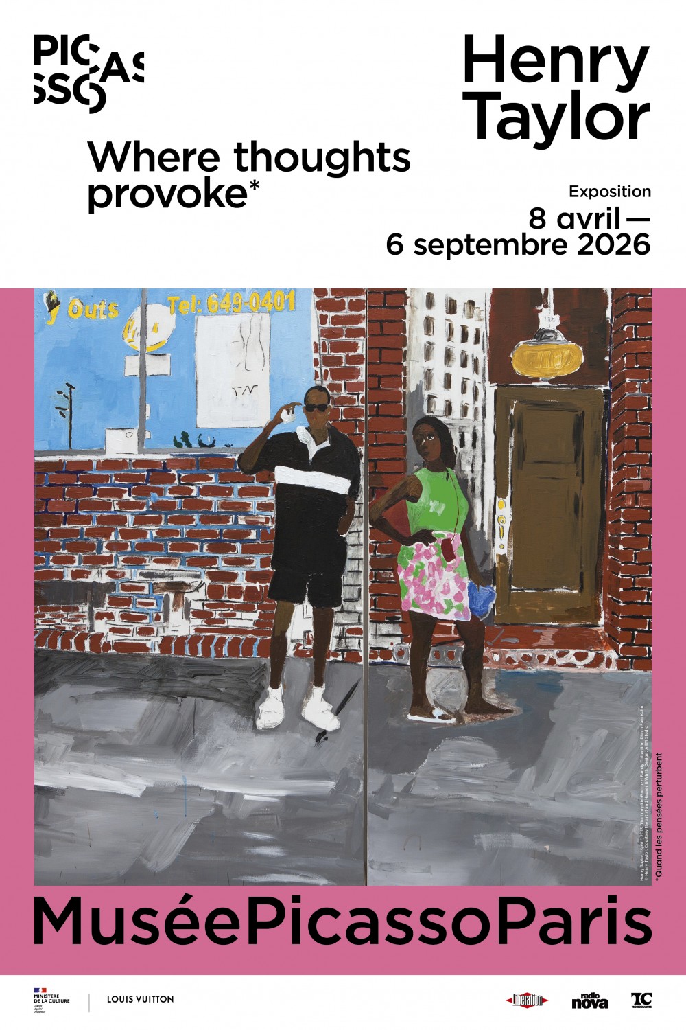 Affiche de l'exposition Henry Taylor, Where thoughts provoke, au Musée Picasso-Paris, montrant deux personnages peints devant un mur de briques