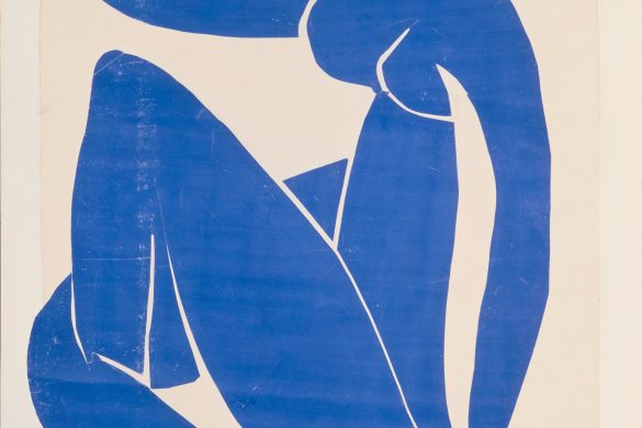 Nu bleu II (1952) d'Henri Matisse, gouache decoupee bleue sur fond blanc, visuel de l'exposition Matisse au Grand Palais