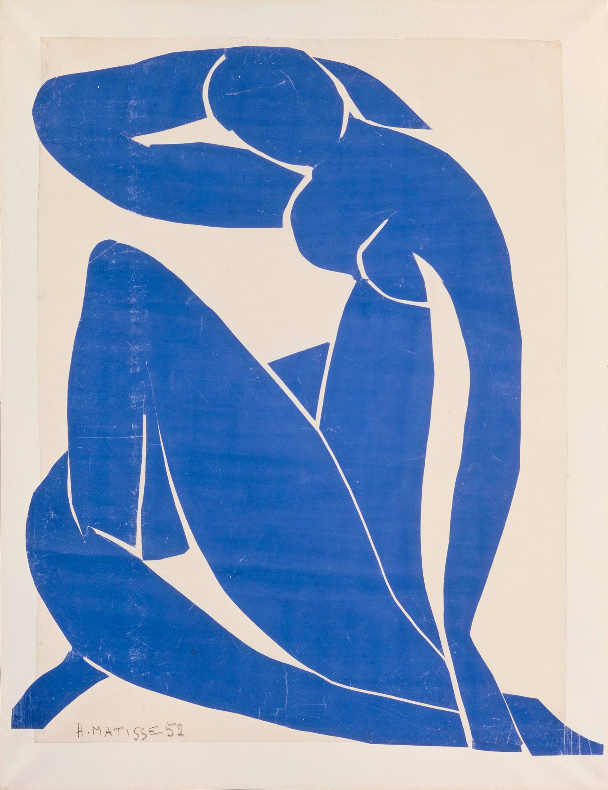 Nu bleu II (1952) d'Henri Matisse, gouache decoupee bleue sur fond blanc, visuel de l'exposition Matisse au Grand Palais