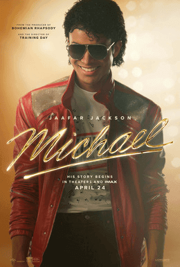 Affiche du film Michael, biopic de Michael Jackson, avec Jaafar Jackson en veste rouge