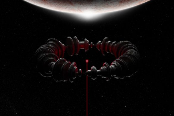 Pochette de l'album The Wow! Signal de Muse : une planète rouge sombre et un faisceau lumineux dans l'espace