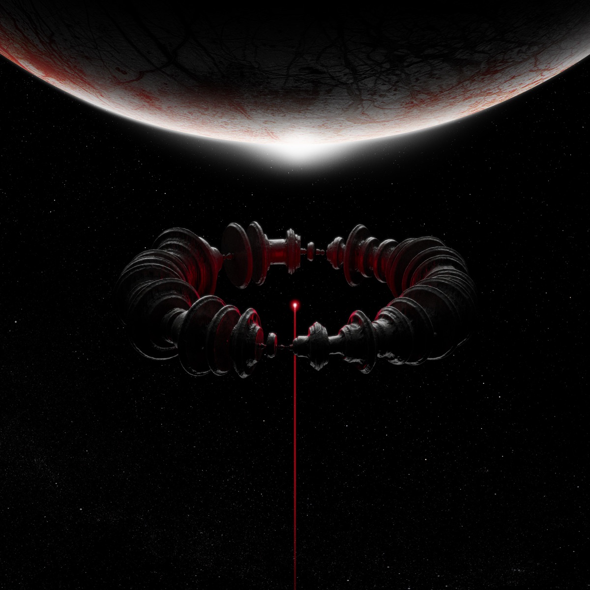 Pochette de l'album The Wow! Signal de Muse : une planète rouge sombre et un faisceau lumineux dans l'espace