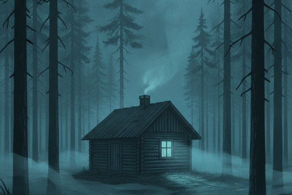 Illustration d'ambiance : une petite maison en bois isolée dans une forêt finlandaise sombre et brumeuse, la nuit