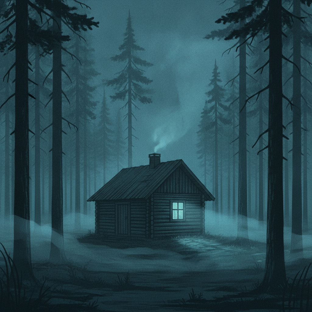 Illustration d'ambiance : une petite maison en bois isolée dans une forêt finlandaise sombre et brumeuse, la nuit
