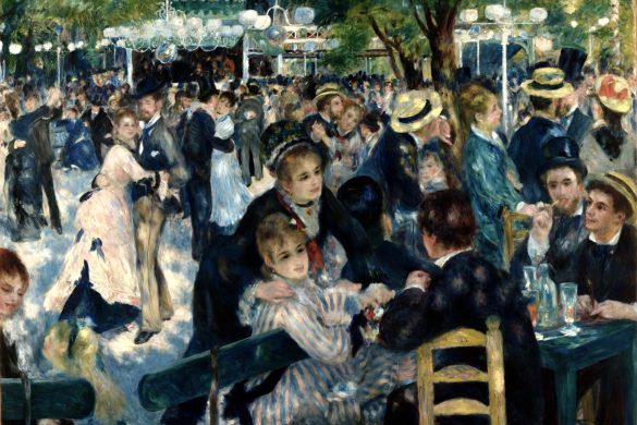 Bal du moulin de la Galette de Pierre-Auguste Renoir, foule dansant en plein air sous les lampions, toile phare de l'exposition Renoir et l'amour au musee d'Orsay