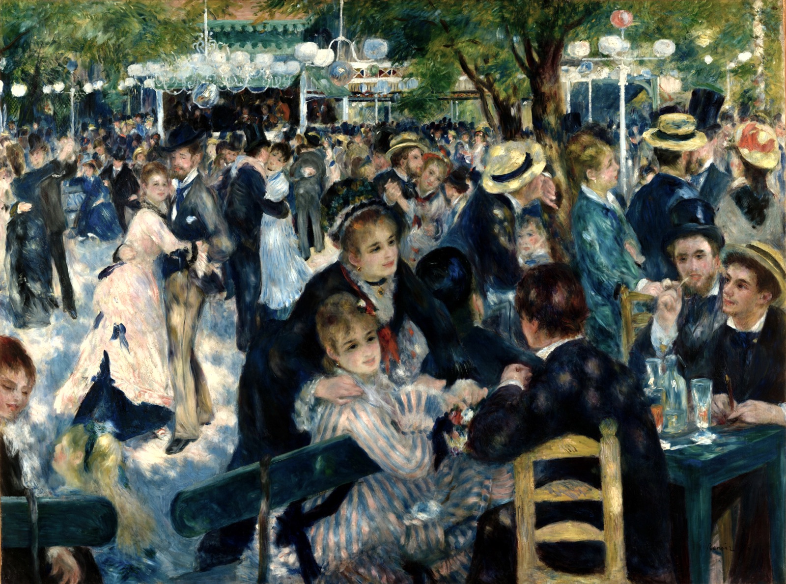 Bal du moulin de la Galette de Pierre-Auguste Renoir, foule dansant en plein air sous les lampions, toile phare de l'exposition Renoir et l'amour au musee d'Orsay