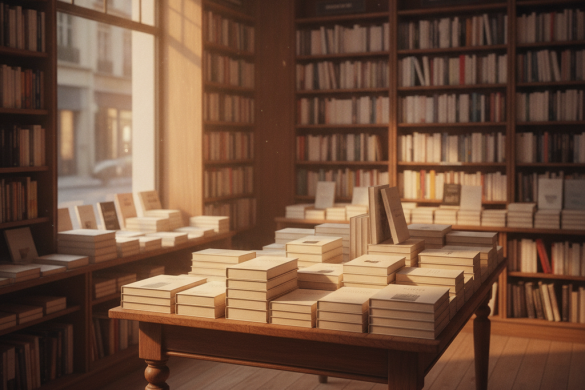 Table de nouveautes couverte de piles de romans dans une librairie
