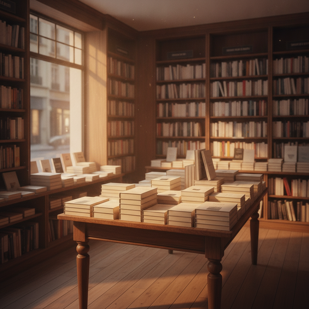 Table de nouveautes couverte de piles de romans dans une librairie