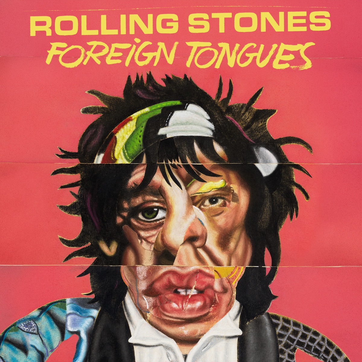 Pochette de l'album Foreign Tongues des Rolling Stones, portrait-collage signé Nathaniel Mary Quinn sur fond rose