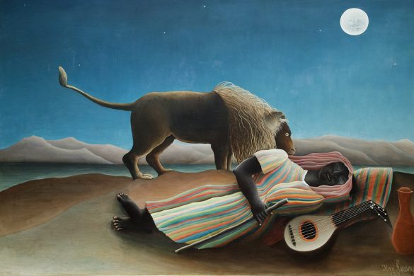 La Bohemienne endormie d'Henri Rousseau : un lion penche sur une dormeuse en robe rayee, sous un clair de lune, dans un desert