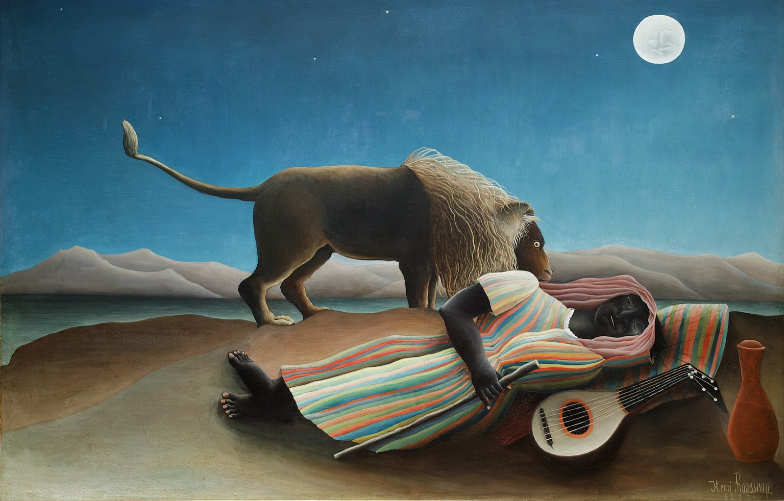 La Bohemienne endormie d'Henri Rousseau : un lion penche sur une dormeuse en robe rayee, sous un clair de lune, dans un desert