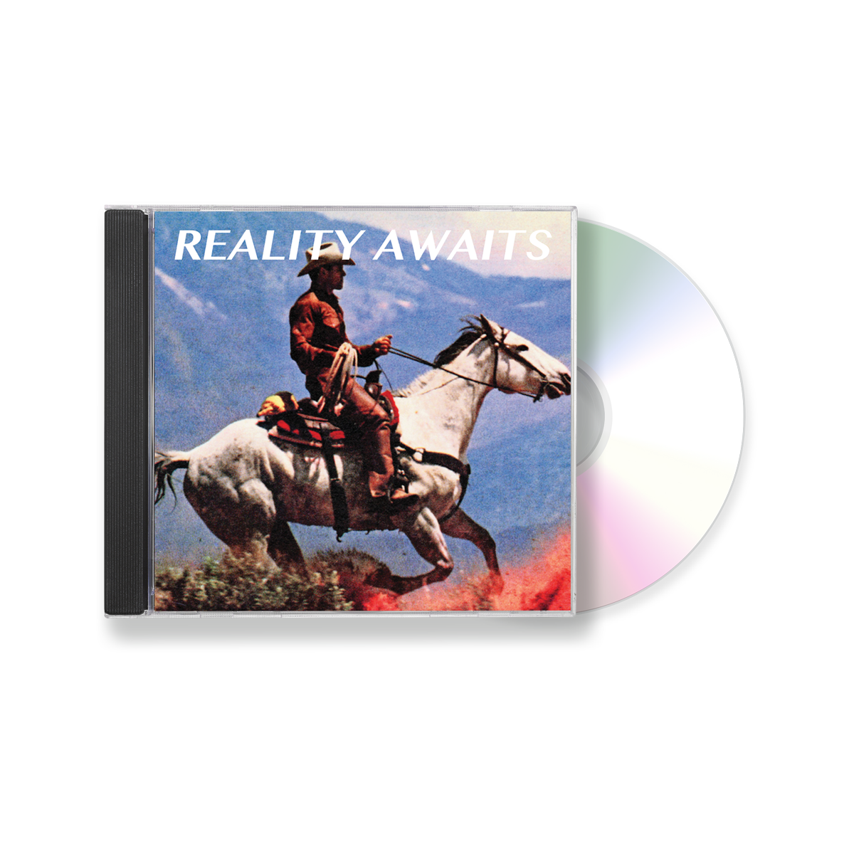 Pochette de l'album Reality Awaits de The Strokes : un cowboy sur un cheval au galop devant des montagnes