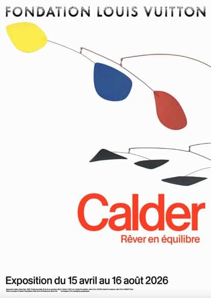 Affiche officielle de l'exposition Calder. Rêver en équilibre à la Fondation Louis Vuitton, mobile aux formes colorées jaune, bleu et rouge