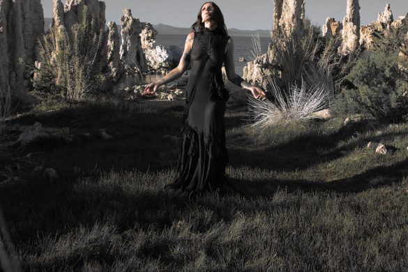 Pochette de l'album The Dark de Chelsea Wolfe : la musicienne en robe noire, bras ouverts, au milieu de formations rocheuses désertiques au bord d'un lac