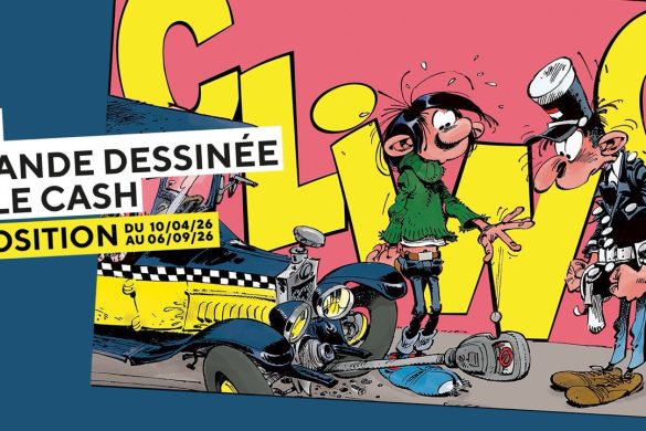 Affiche de l'exposition CLING ! La bande dessinee parle cash a la Monnaie de Paris, illustree par un dessin de Gaston Lagaffe signe Franquin