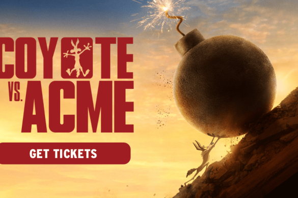 Visuel officiel du film Coyote vs. Acme : Wile E. Coyote poussé par une bombe géante au coucher du soleil, Bip Bip perché en haut de la pente